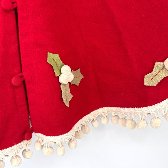 Restoration Hardware RH Vintage Red Wool Christmas Tree Skirt Holly Pompoms 54" - Picture 3 of 9